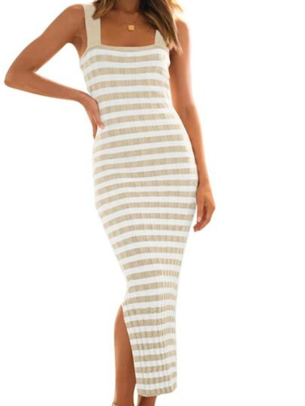 MeroKeety Bodycon Midi Dress Thick Ribbed Knit, Striped, Tan/Off-White, Size M